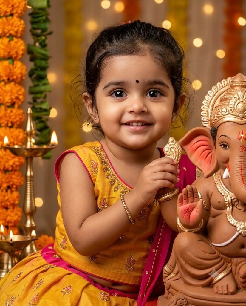 Baby girl with Ganpati Bappa for Ganesh for Ganesh Chaturthi 2026
