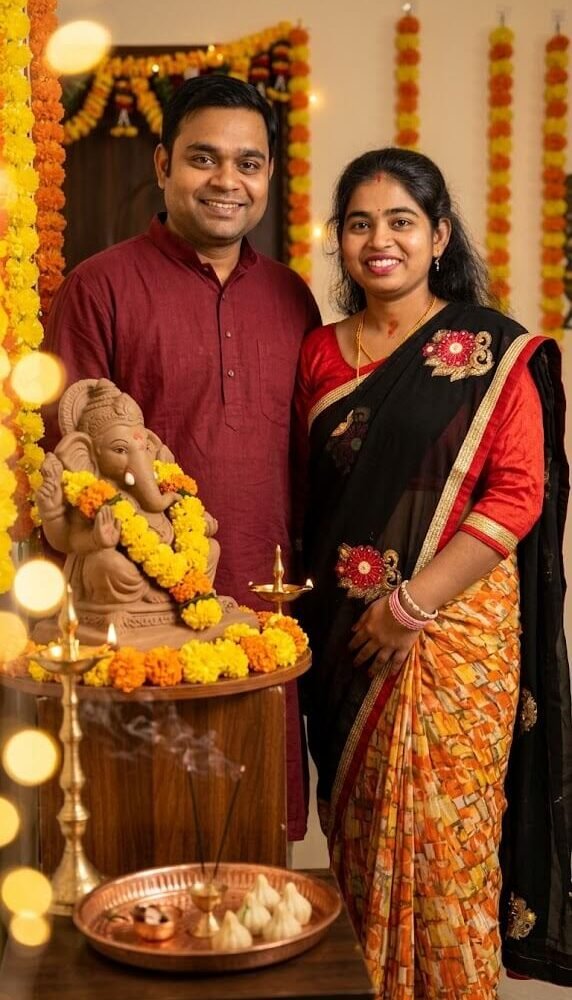 Indian Couple Celebrating Ganesh Chaturthi