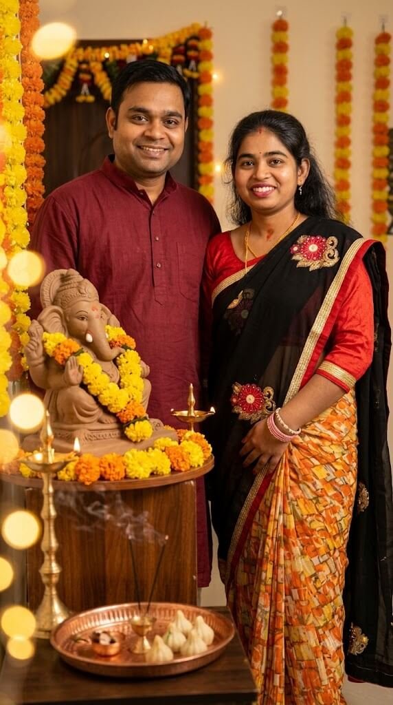 Indian Couple Celebrating Ganesh Chaturthi