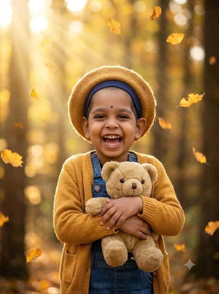 Cute Little Explorer Toddler Girl in Autumn Forest