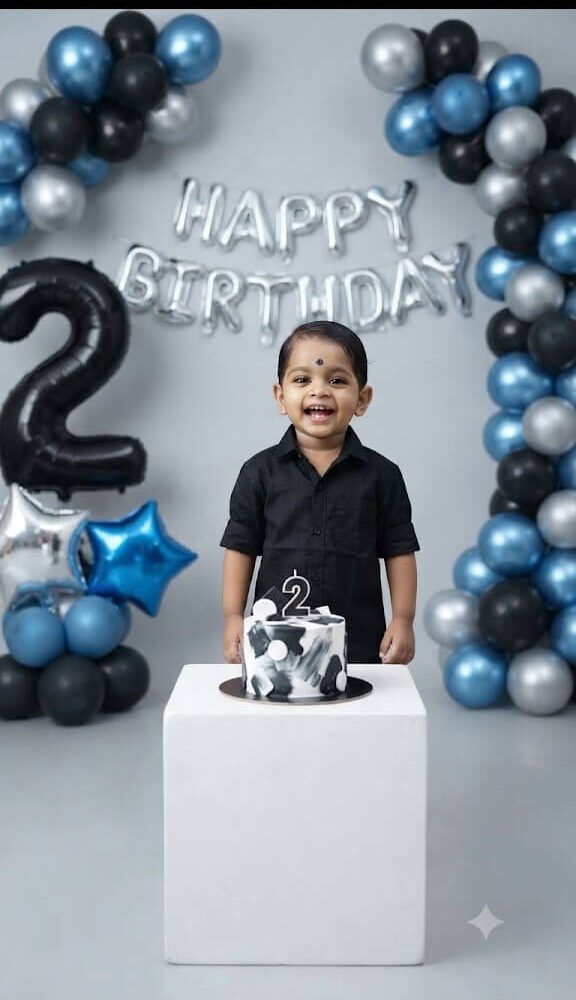 Photorealistic 2nd Birthday Photoshoot for Baby Boy (Blue & Silver Theme)