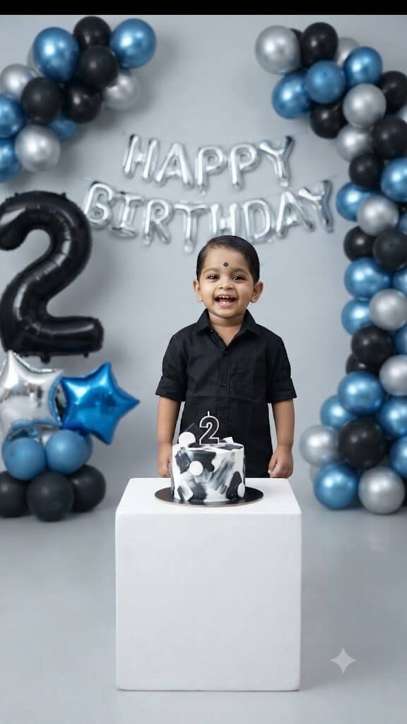 Photorealistic 2nd Birthday Photoshoot for Baby Boy (Blue & Silver Theme)